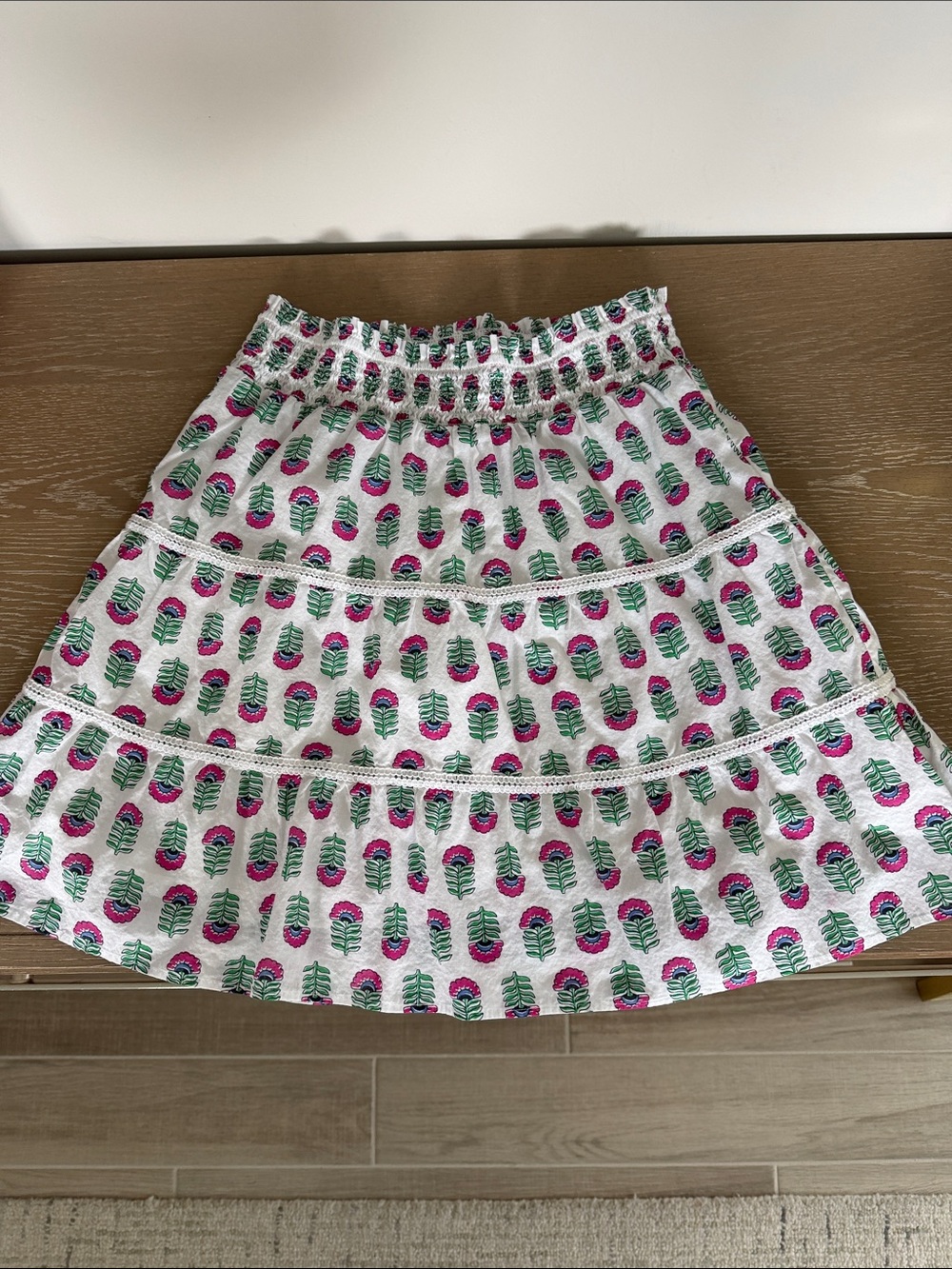 J. Crew White Tiered Skirt with Pink & Green Print